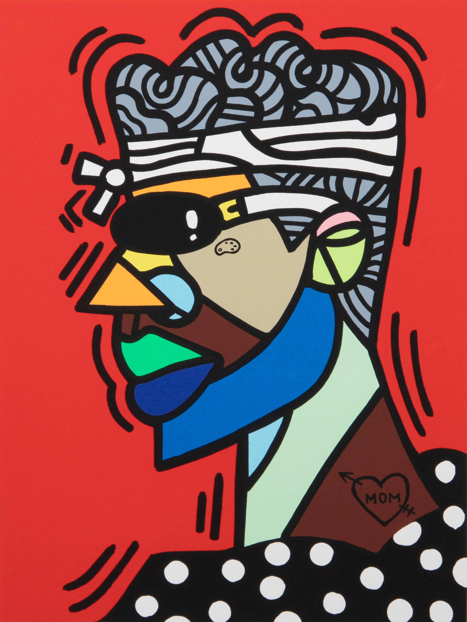 An abstract screen print of a person with curly hair that is a blue-gray color. They have a black shirt on with white polka dots. There is also a heart tattoo on their lower neck that has an arrow through it.